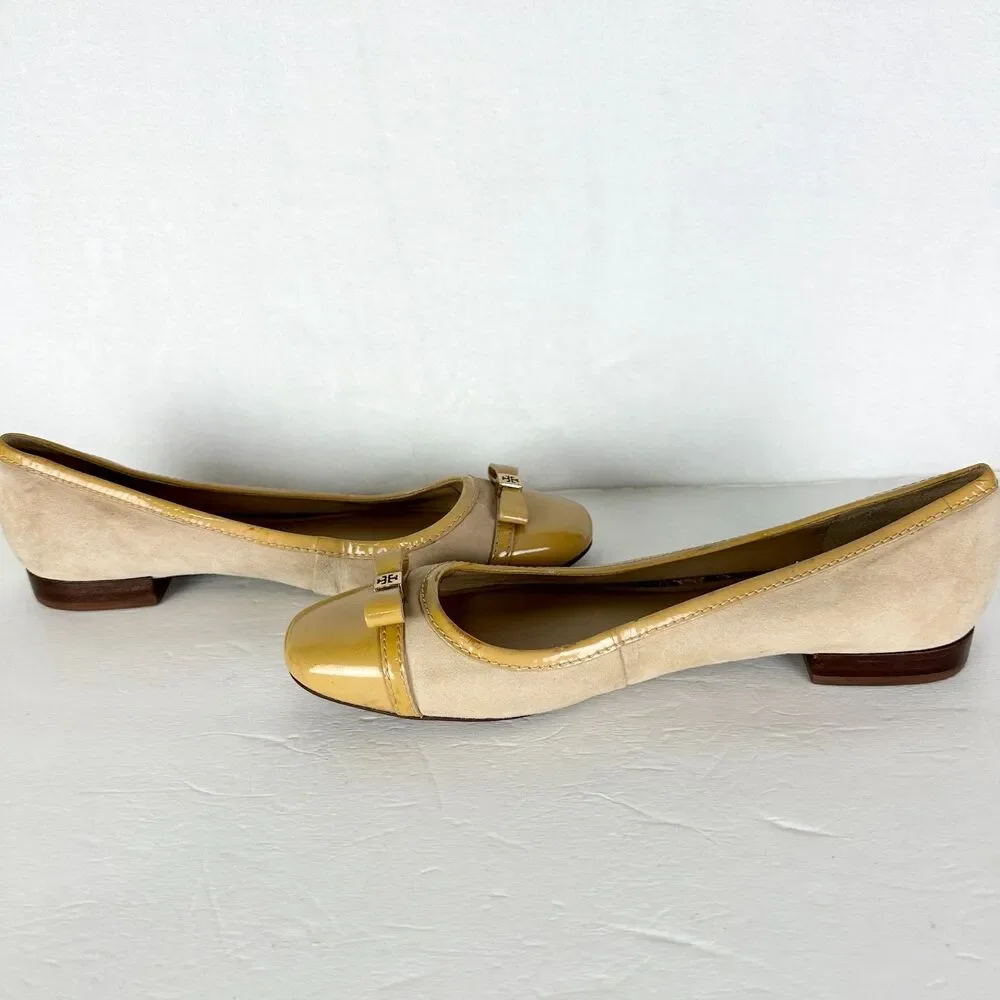 Tory Burch Cap Toe Ballet Flats Size 9 Suede Patent Leather Butter Yellow Tan